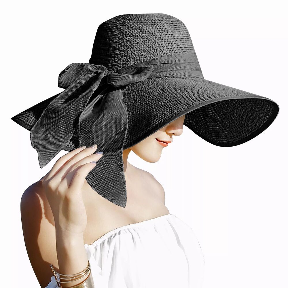 2979 5.7 Inches Big Bowknot Straw Hat Large Floppy Foldable Roll up Beach